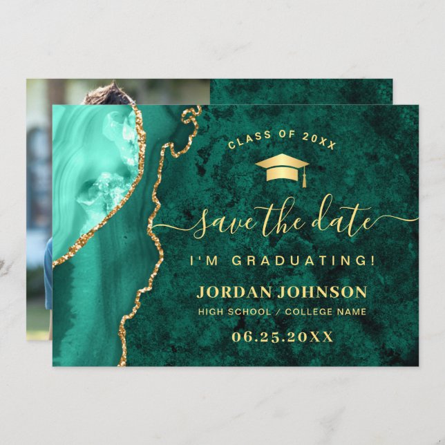 Modern Golden Emerald Marble Graduation QR code Save The Date (Front/Back)