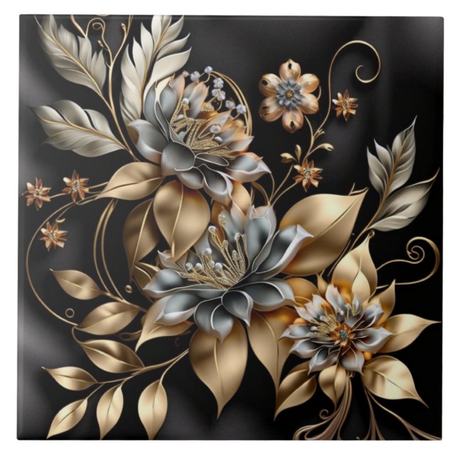 Modern golden flowers ceramic tile (Front)