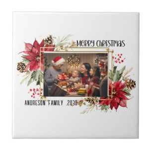 Modern golden Frame Floral Merry Christmas Photo Ceramic Tile