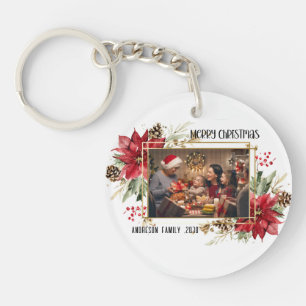 Modern golden Frame Floral Merry Christmas Photo Key Ring
