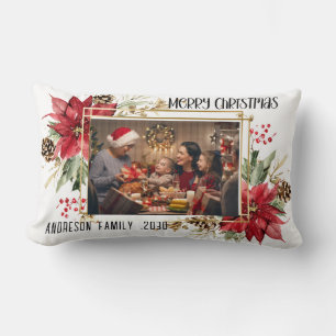 Modern golden Frame Floral Merry Christmas Photo Lumbar Cushion
