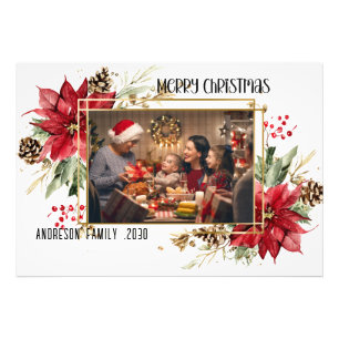 Modern golden Frame Floral Merry Christmas Photo Print