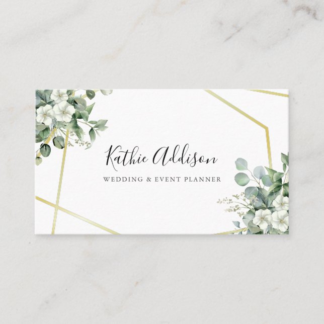 Modern Golden Geometric Eucalyptus Business Card (Front)