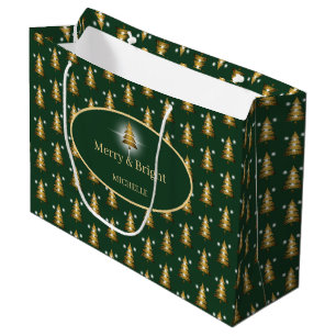 Modern Golden Glitter Green Christmas Tree  Large Gift Bag