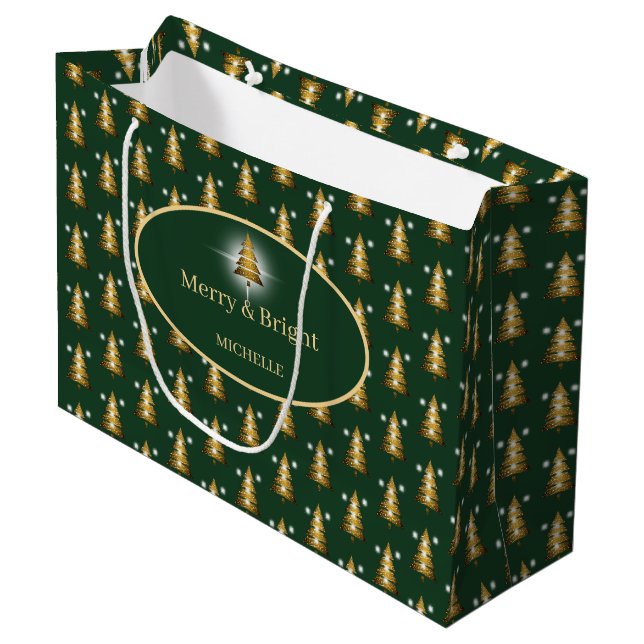 Modern Golden Glitter Green Christmas Tree  Large Gift Bag (Front Angled)