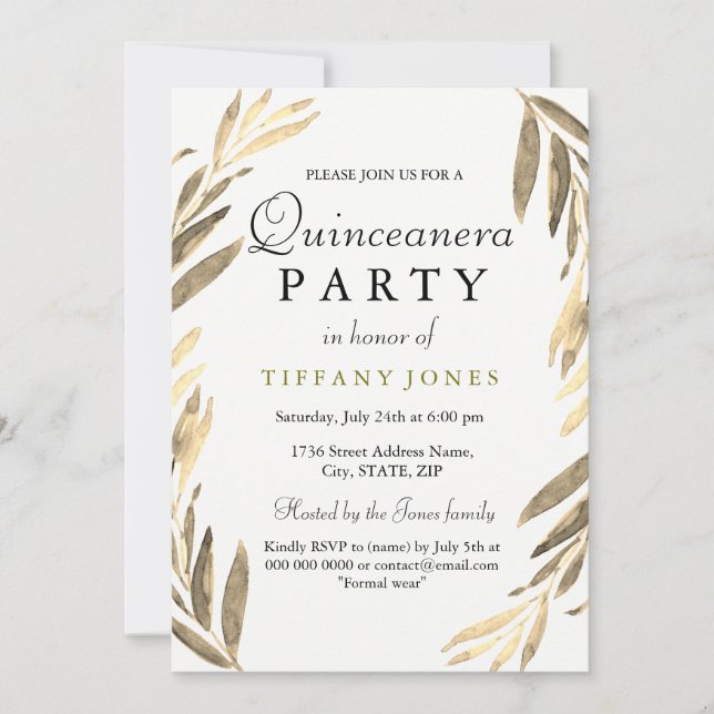 Modern Golden Gold Leaf Quinceanera Party Invite (Front)
