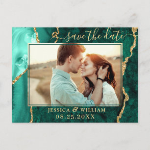 Modern Golden Green Agate PHOTO Save the Date Announcement Postcard