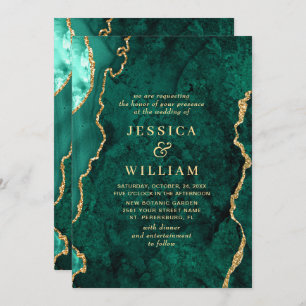 Modern Golden Green Marble Agate Wedding Invitation