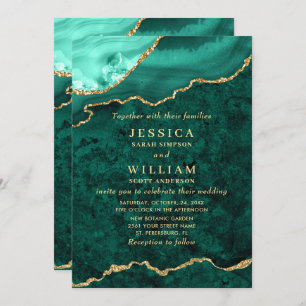 Modern Golden Green Marble Agate Wedding Invitation