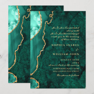 Modern Golden Green Marble Agate Wedding Invitation