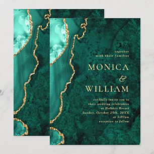 Modern Golden Green Marble Agate Wedding Invitation