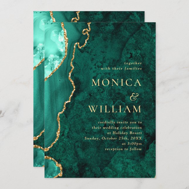 Modern Golden Green Marble Agate Wedding Invitation (Front/Back)