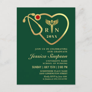 Modern Golden Green Nursing Graduation Invitation Postcard