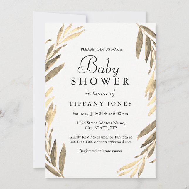 Modern Golden Leaf girl or boy Baby Shower Invite (Front)