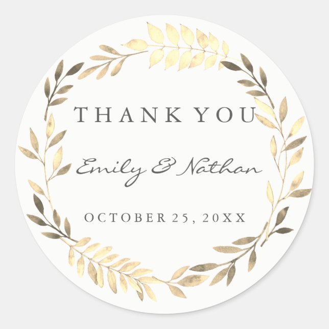 Modern Golden Leaf Wreath Thank You Sticker (Front)
