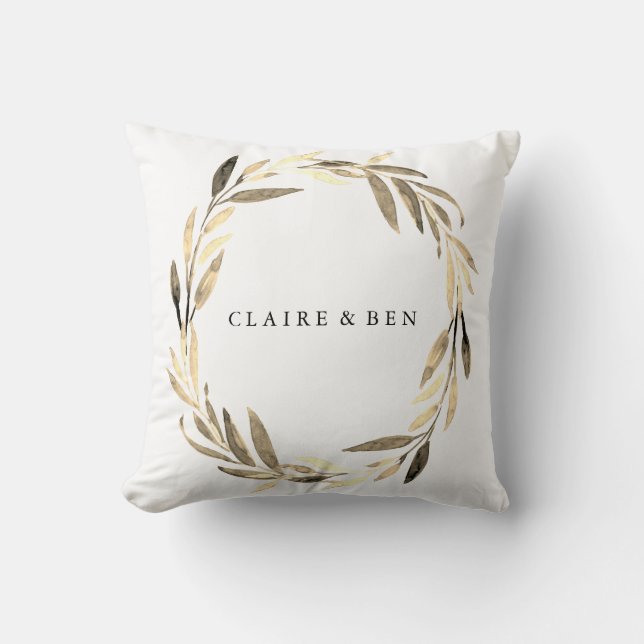 Modern Golden Leaf Wreath Wedding Engagement Party Cushion (Front)