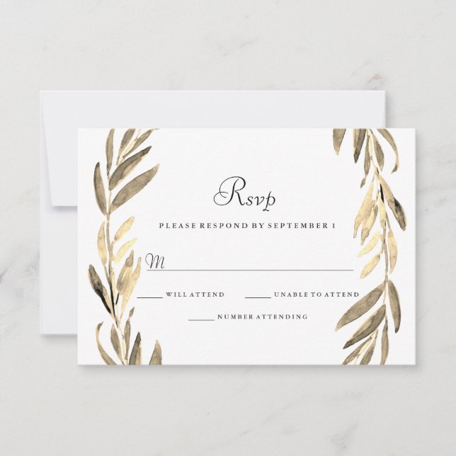 Modern Golden Leaf Wreath Wedding RSVP Card (Front)