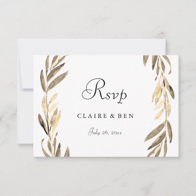 Modern Golden Leaf Wreath Wedding RSVP Card (Front)