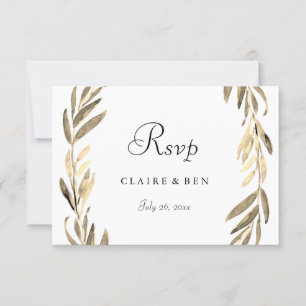 Modern Golden Leaf Wreath Wedding RSVP Card