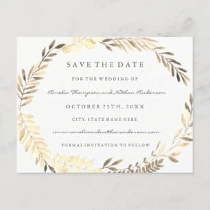 Modern Golden Leaf Wreath Wedding Save The Date