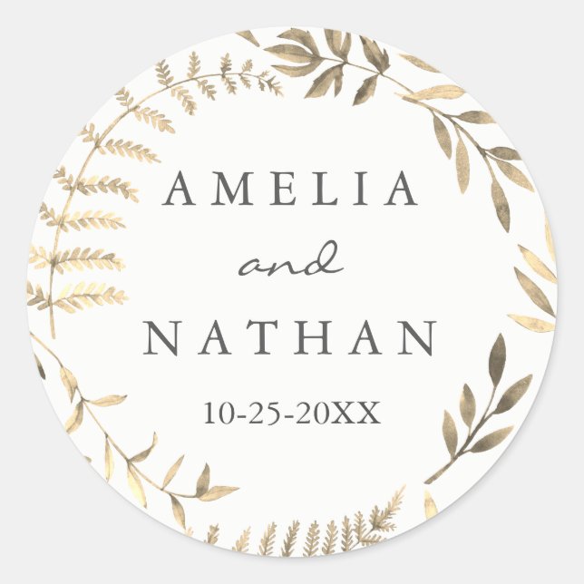Modern Golden Leaf Wreath Wedding Sticker (Front)