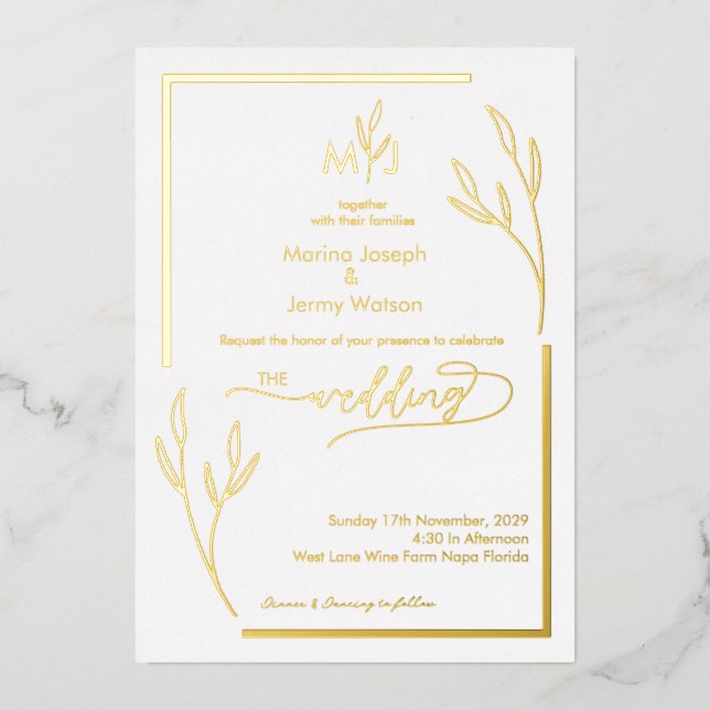 Modern Golden Leaflet Border Minimalist Monogram (Front)