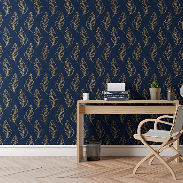 Modern Golden Leaves Royal Blue Botanical Pattern Wallpaper (Creator Uploaded)