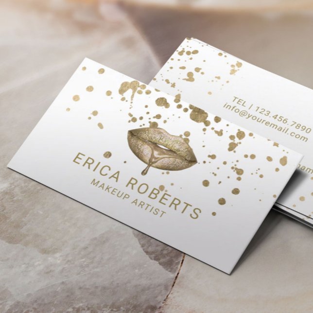 Modern Golden Lips Gold Splatter Makeup Artist Business Card (Creator Uploaded)