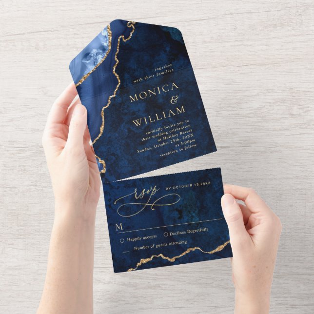 Modern Golden Navy Blue Marble Agate Wedding All In One Invitation (Tearaway)