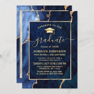 Modern Golden Navy Blue Marble Graduation Party Invitation