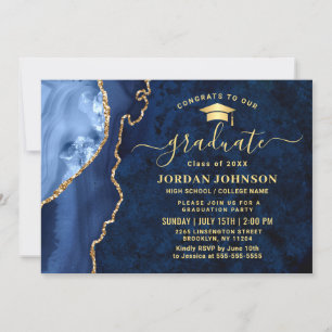 Modern Golden Navy Blue Marble Graduation Party Invitation