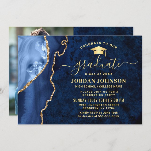 Modern Golden Navy Blue Marble Graduation Party Invitation (Front/Back)