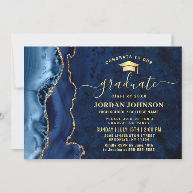 Modern Golden Navy Blue Marble Graduation Party Invitation (Front)