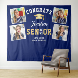 Modern Golden Navy Graduation Photo Booth Backdrop Tapestry
