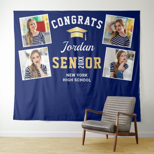Modern Golden Navy Graduation Photo Booth Backdrop Tapestry (In Situ (Horizontal))