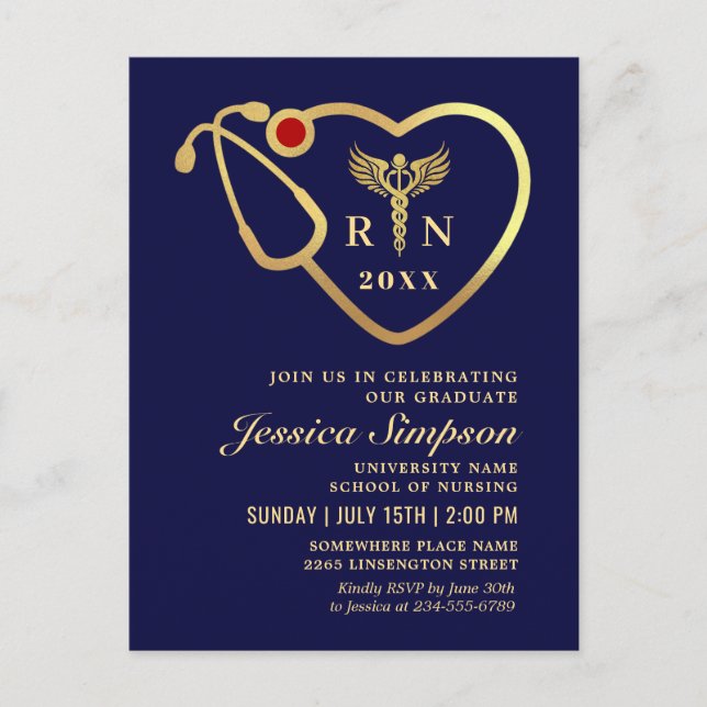 Modern Golden Navy Nursing Graduation Invitation Postcard (Front)