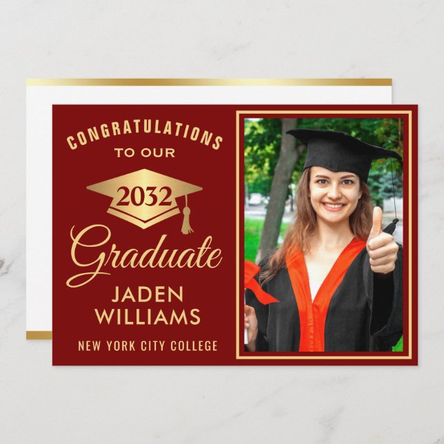 Modern Golden Red PHOTO Graduation Invitation (Front/Back)
