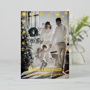 Modern Golden Snowflakes One Photo Gold Black Foil Holiday Card