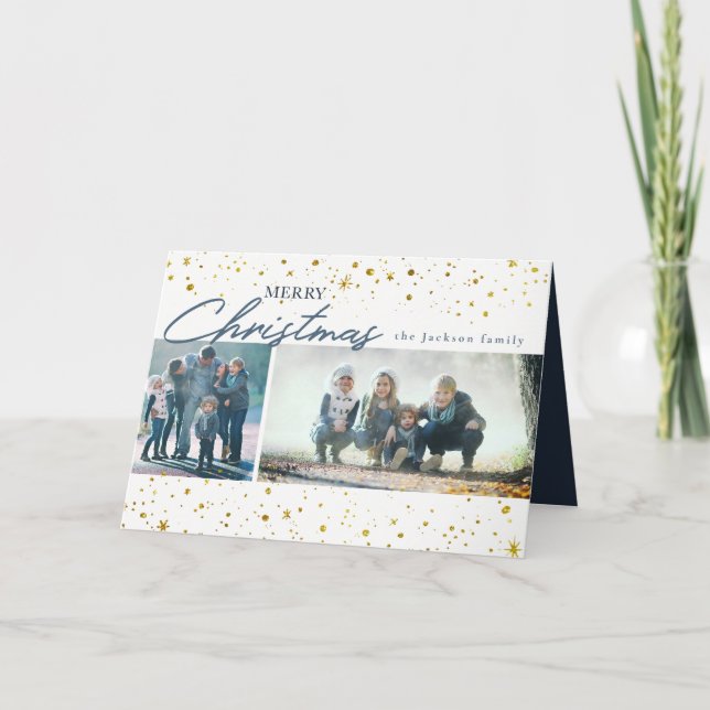 Modern golden stars on white Christmas greeting Holiday Card (Front)
