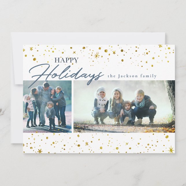 Modern golden stars on white Holiday greeting Card (Front)