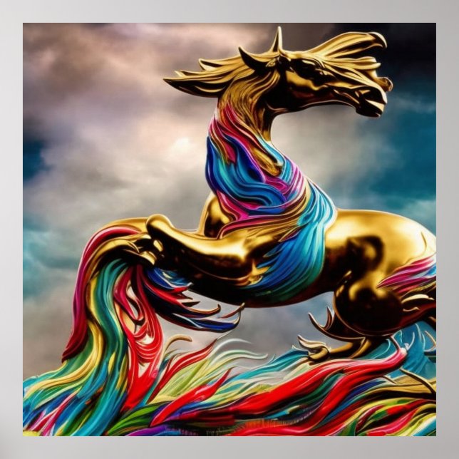 Modern Golden teal and red horse abstract 2 Poster (Front)