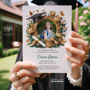 Modern Golden Tulips Floral Border Graduation Announcement