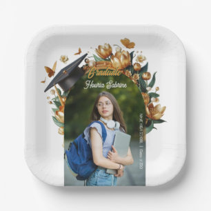 Modern Golden Tulips Floral Border Graduation  Paper Plate