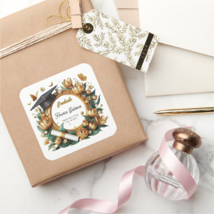 Modern Golden Tulips Floral Border Graduation  Square Sticker