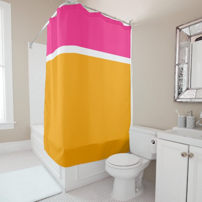 Modern Golden Yellow Candy Pink White Colour Block Shower Curtain (In Situ)