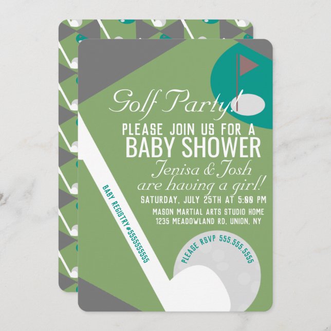 Modern Golf Ball Theme Boy Baby Shower Green Navy Invitation (Front/Back)