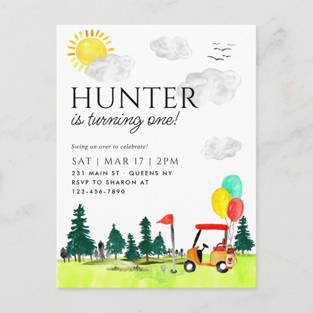 Modern Golf Cart Country Club Balloon Birthday Postcard (Front)