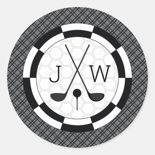 Modern Golf Equipment Motif and Monogram Classic Round Sticker (Front)