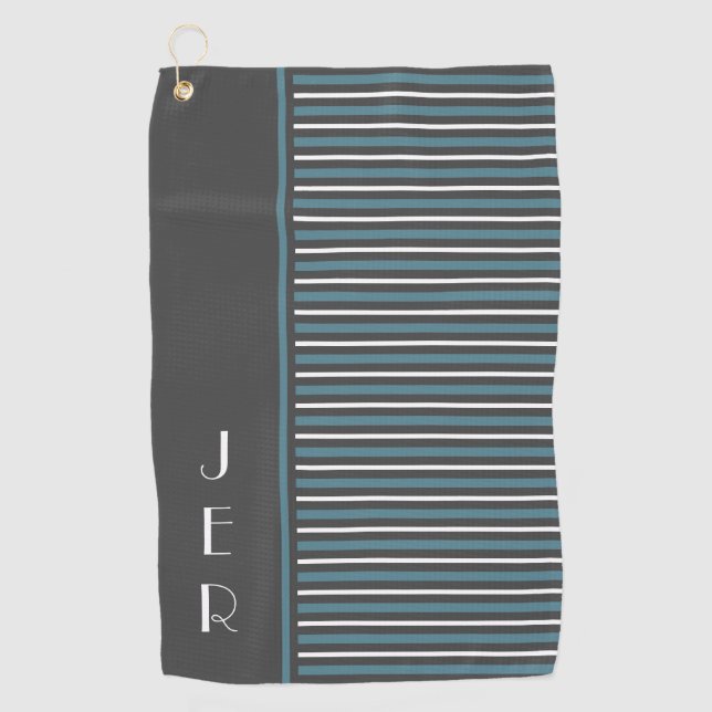 Modern Golf Monogrammed Grey Turquoise Stripes Towel (Front)