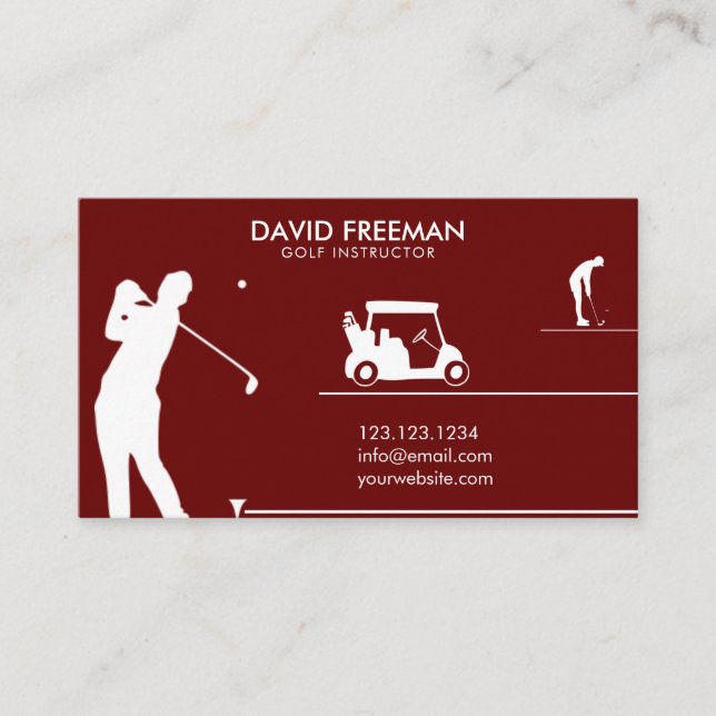 Modern Golfer & Cart Dark Red Golf Instructor Business Card (Front)